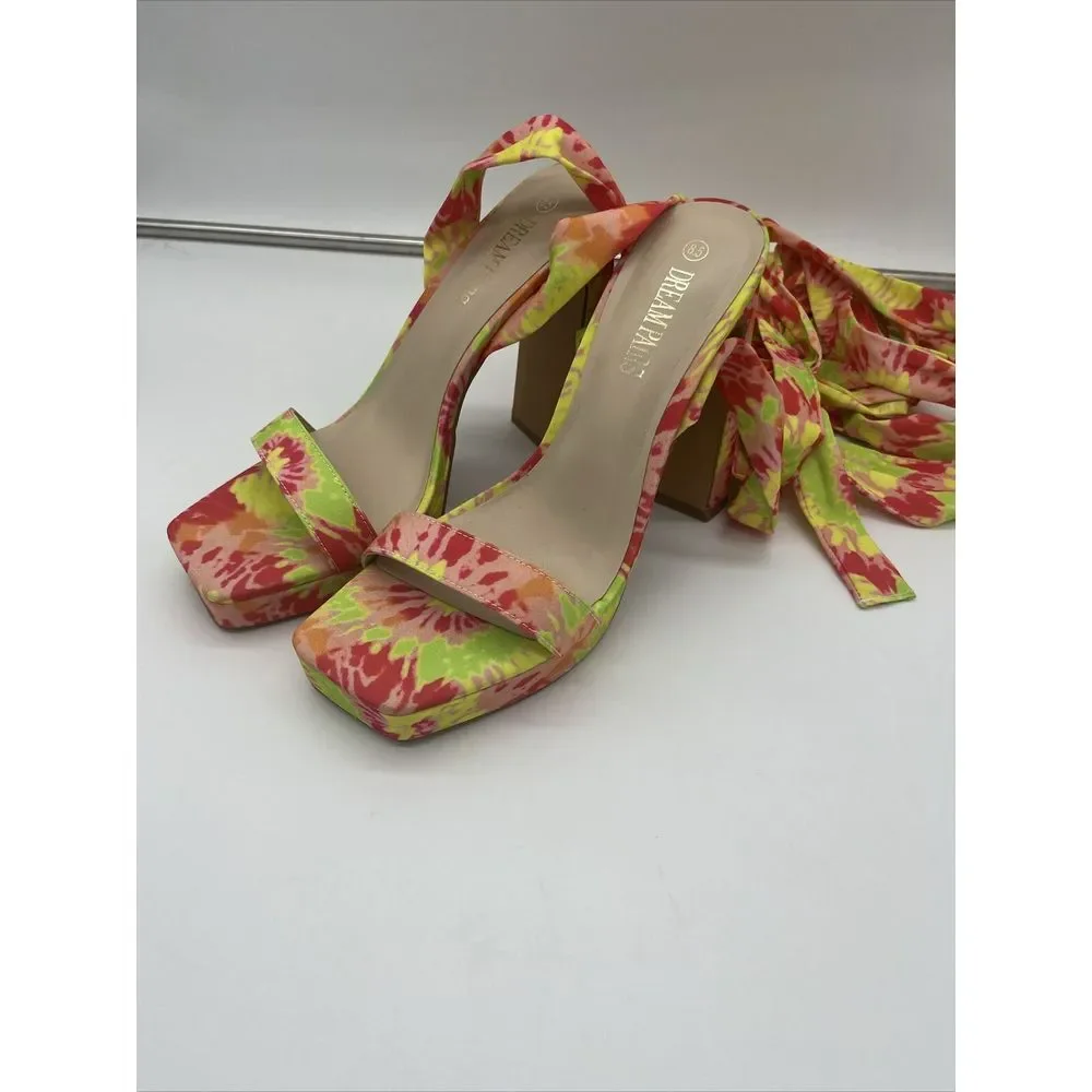 DREAM‎ PAIRS Women Heel Pump Sandals Leg Wrap Up Yellow Green Pink Tie-dye 8.5